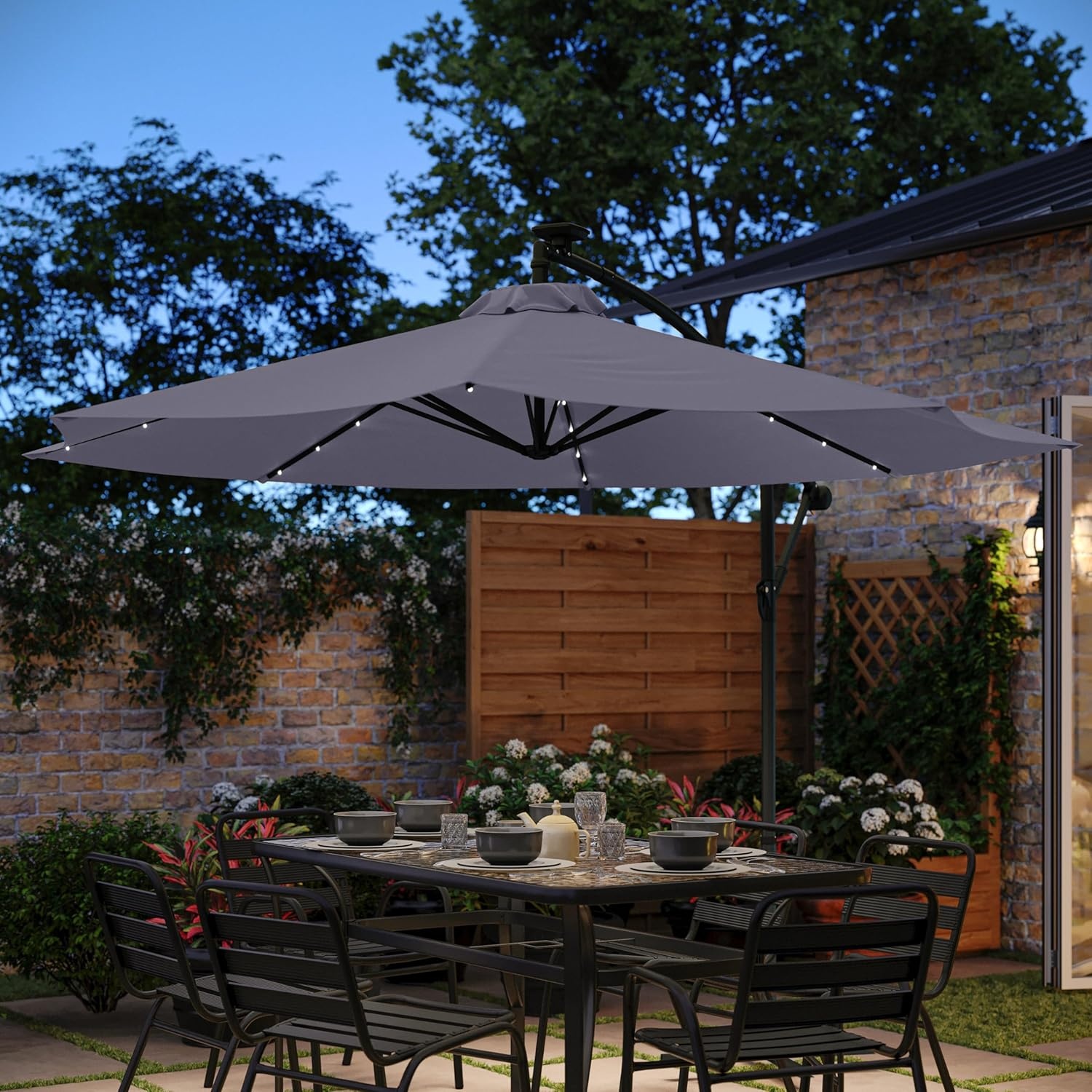 image:imageFlash Furniture Sedona Round Solar Cantilever Umbrella Commercial Grade with Built in Cross Base Crank and Tilt 32 LED Lights 6 Hour Run Time 10 FT GrayGrey