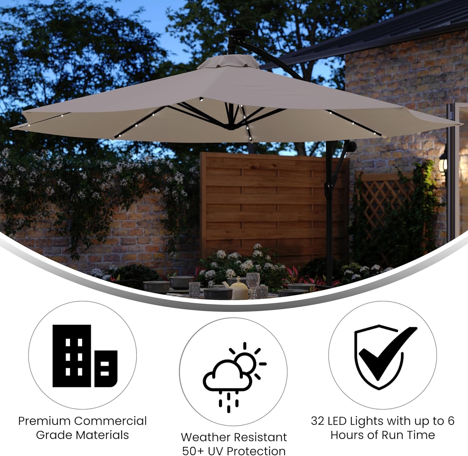 image:imageFlash Furniture Sedona Round Solar Cantilever Umbrella Commercial Grade with Built in Cross Base Crank and Tilt 32 LED Lights 6 Hour Run Time 10 FT GrayTan