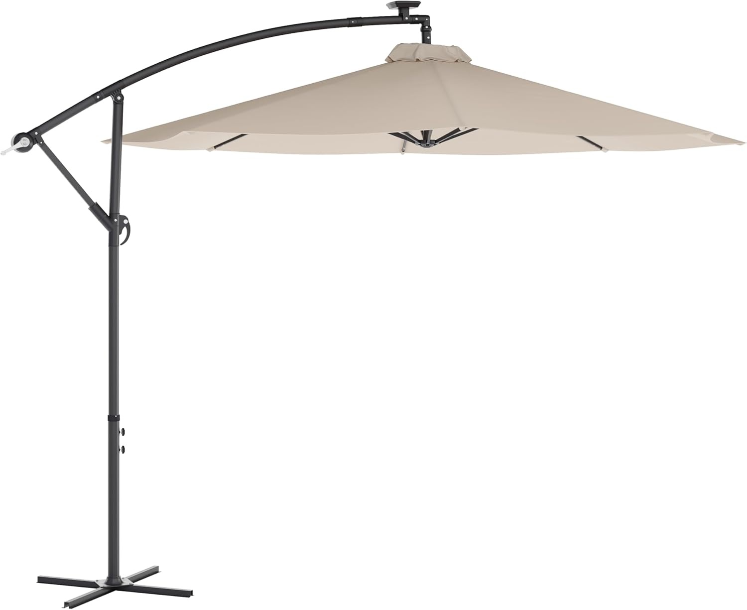 image:imageFlash Furniture Sedona Round Solar Cantilever Umbrella Commercial Grade with Built in Cross Base Crank and Tilt 32 LED Lights 6 Hour Run Time 10 FT GrayTan