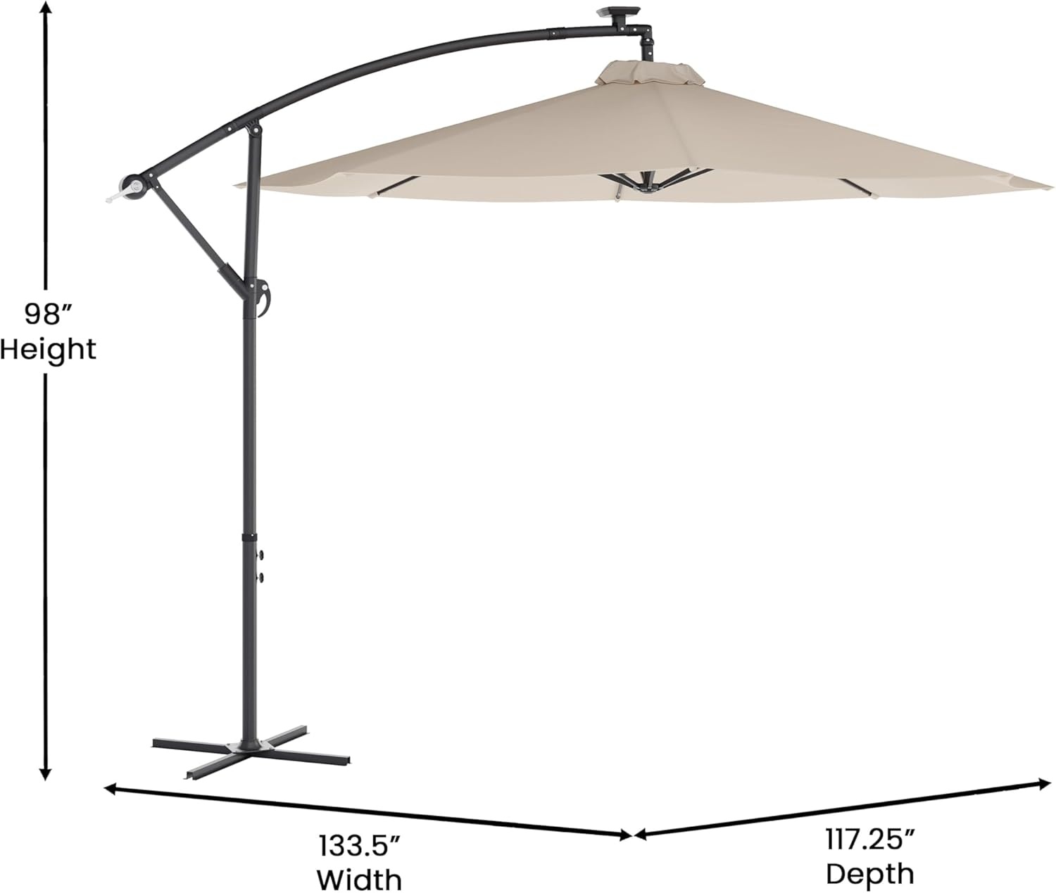 image:imageFlash Furniture Sedona Round Solar Cantilever Umbrella Commercial Grade with Built in Cross Base Crank and Tilt 32 LED Lights 6 Hour Run Time 10 FT GrayTan