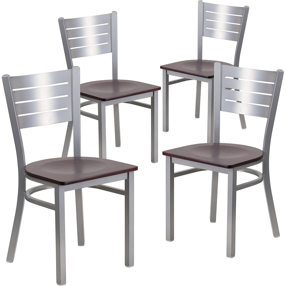 image:imageFlash Furniture 4 Pk HERCULES Series Silver Slat Back Metal Restaurant Chair Walnut Wood SeatMahogany Wood SeatSilver Frame