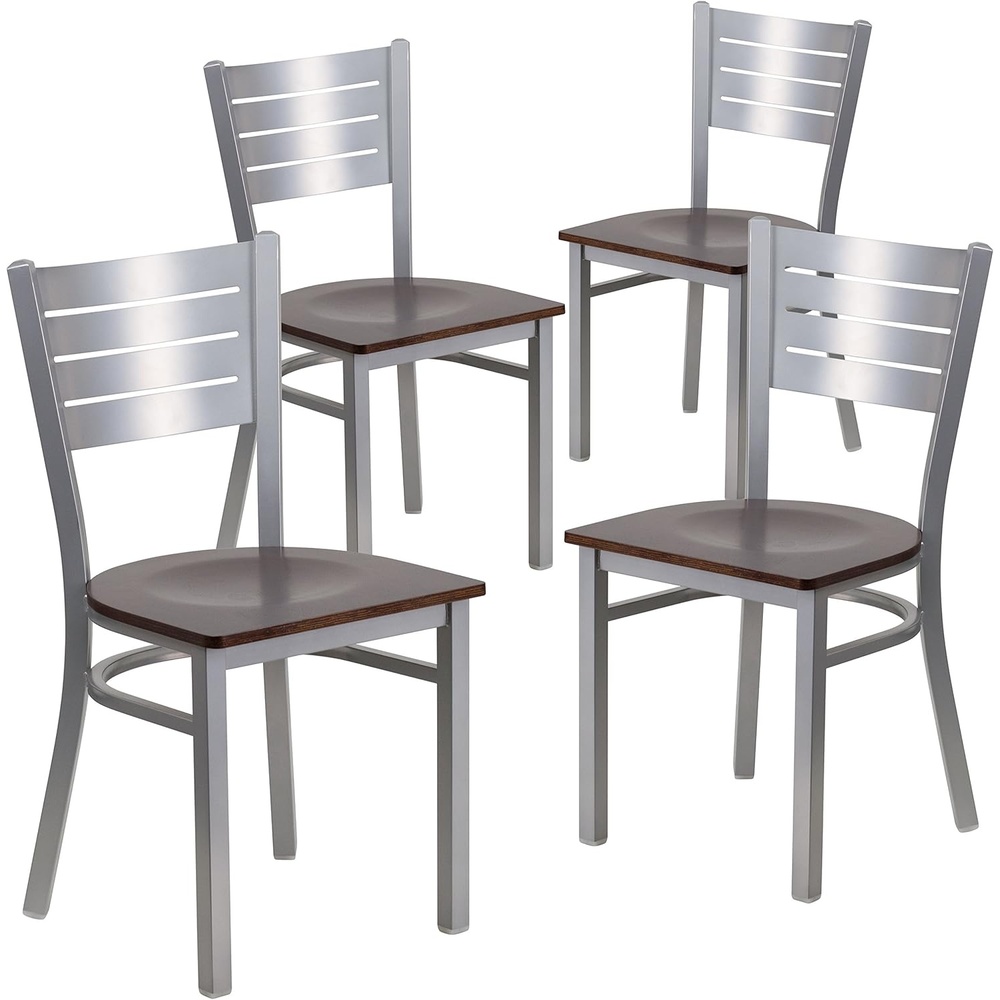 image:imageFlash Furniture 4 Pk HERCULES Series Silver Slat Back Metal Restaurant Chair Walnut Wood SeatWalnut Wood SeatSilver Frame