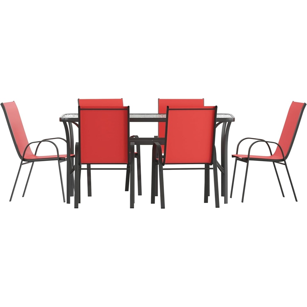 image:imageFlash Furniture Brazos Commercial Outdoor Dining Set 60 Tempered Glass Patio Table with Umbrella Hole 6 Stack Chairs with Flex Comfort Seats and Backs RedBlackRed