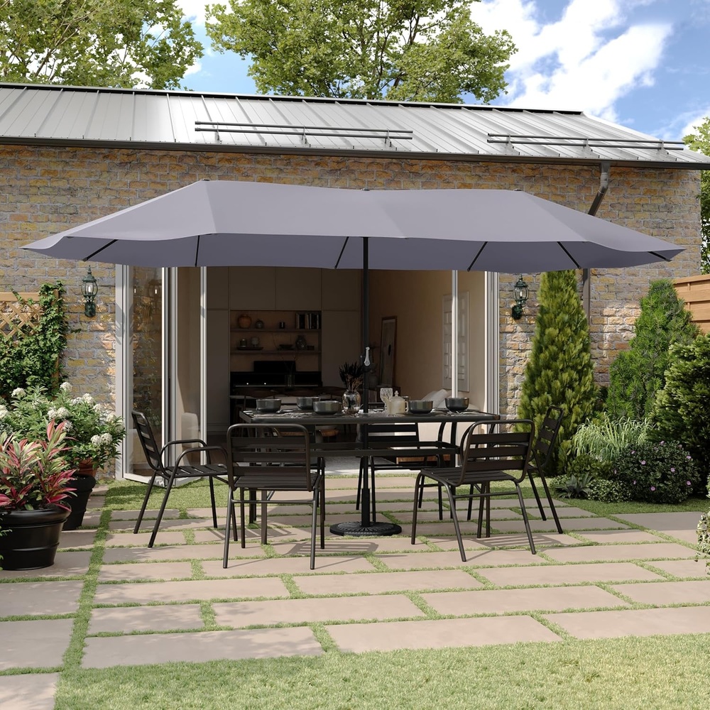 image:imageFlash Furniture Elizabeth Triple Head Patio Umbrella Commercial Grade Umbrella with Easy Lift Crank Function Water and Weather Resistant 15 FT TanGray