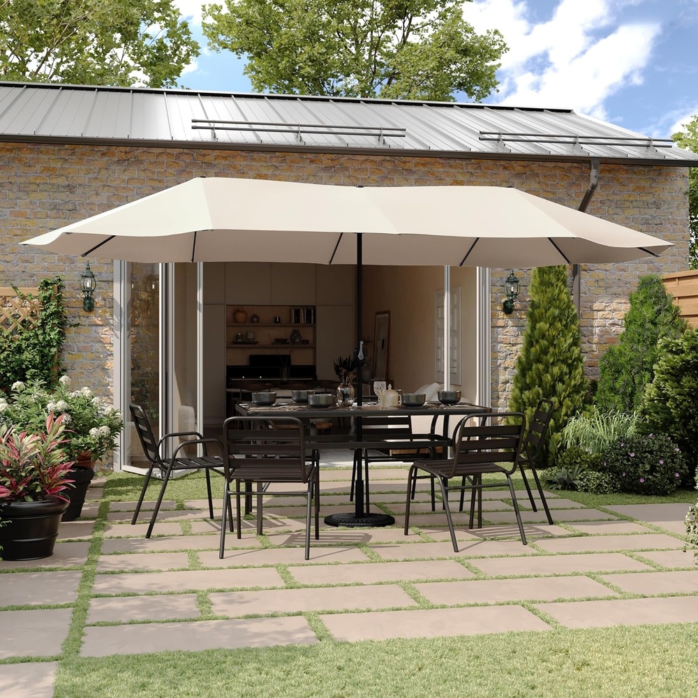 image:imageFlash Furniture Elizabeth Triple Head Patio Umbrella Commercial Grade Umbrella with Easy Lift Crank Function Water and Weather Resistant 15 FT TanTan