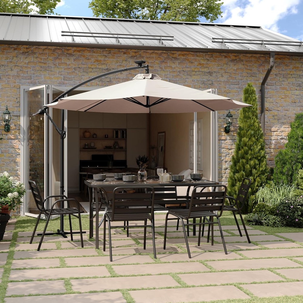 image:imageFlash Furniture Sedona Round Solar Cantilever Umbrella Commercial Grade with Built in Cross Base Crank and Tilt 32 LED Lights 6 Hour Run Time 10 FT GrayTan