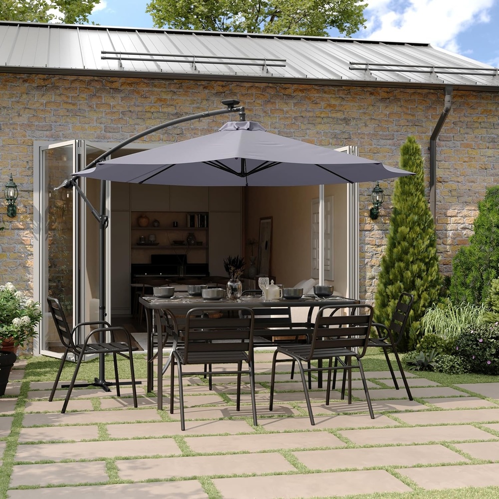image:imageFlash Furniture Sedona Round Solar Cantilever Umbrella Commercial Grade with Built in Cross Base Crank and Tilt 32 LED Lights 6 Hour Run Time 10 FT GrayGrey