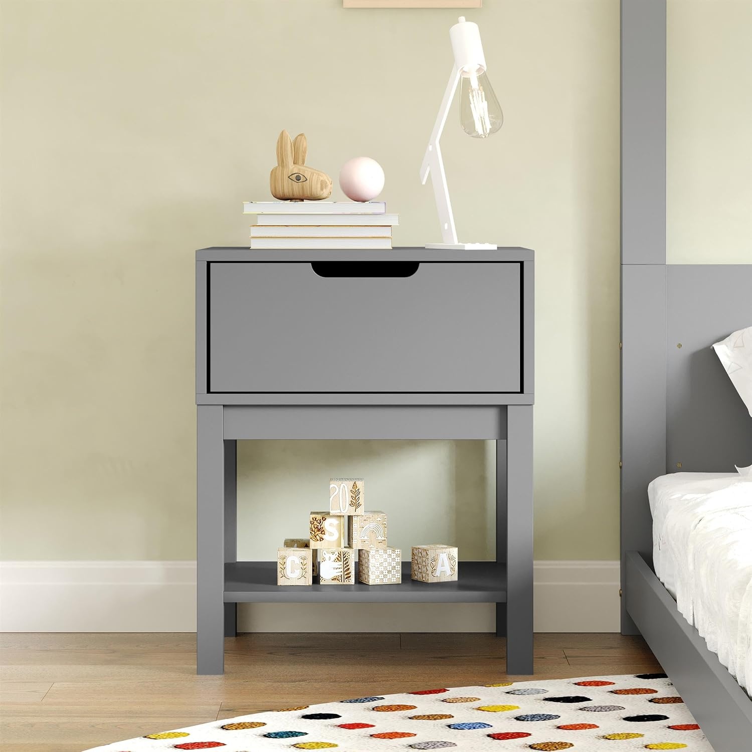 image:imageFlash Furniture Dallas Wood Nightstand Side Table Kids Bedroom End Table with Storage Drawer and Shelf Cutout Handle Smooth Ball Bearing Slides GrayGrey