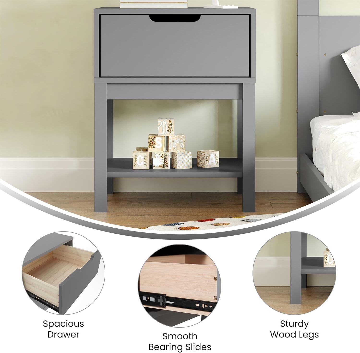 image:imageFlash Furniture Dallas Wood Nightstand Side Table Kids Bedroom End Table with Storage Drawer and Shelf Cutout Handle Smooth Ball Bearing Slides GrayGrey