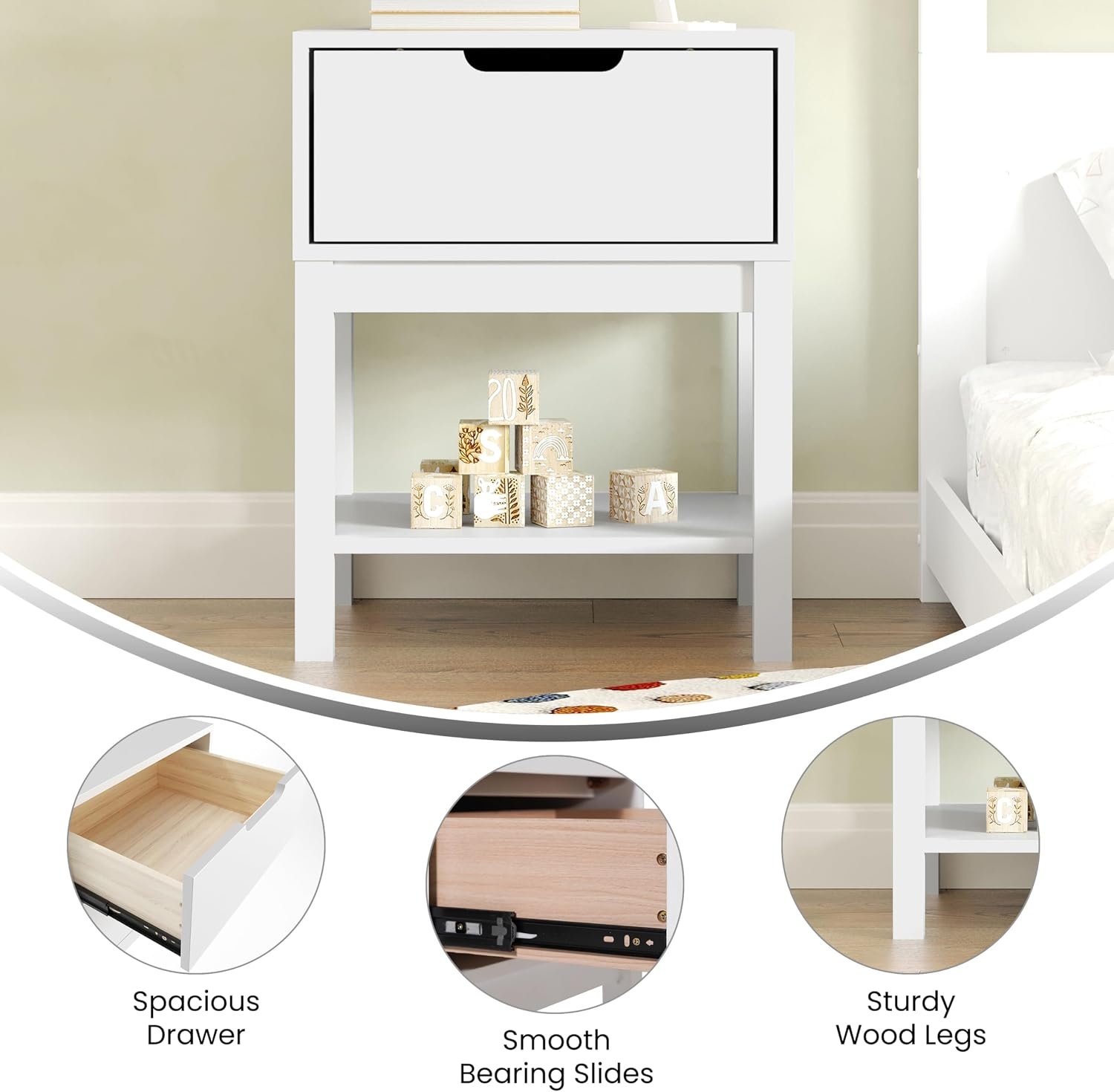image:imageFlash Furniture Dallas Wood Nightstand Side Table Kids Bedroom End Table with Storage Drawer and Shelf Cutout Handle Smooth Ball Bearing Slides GrayWhite