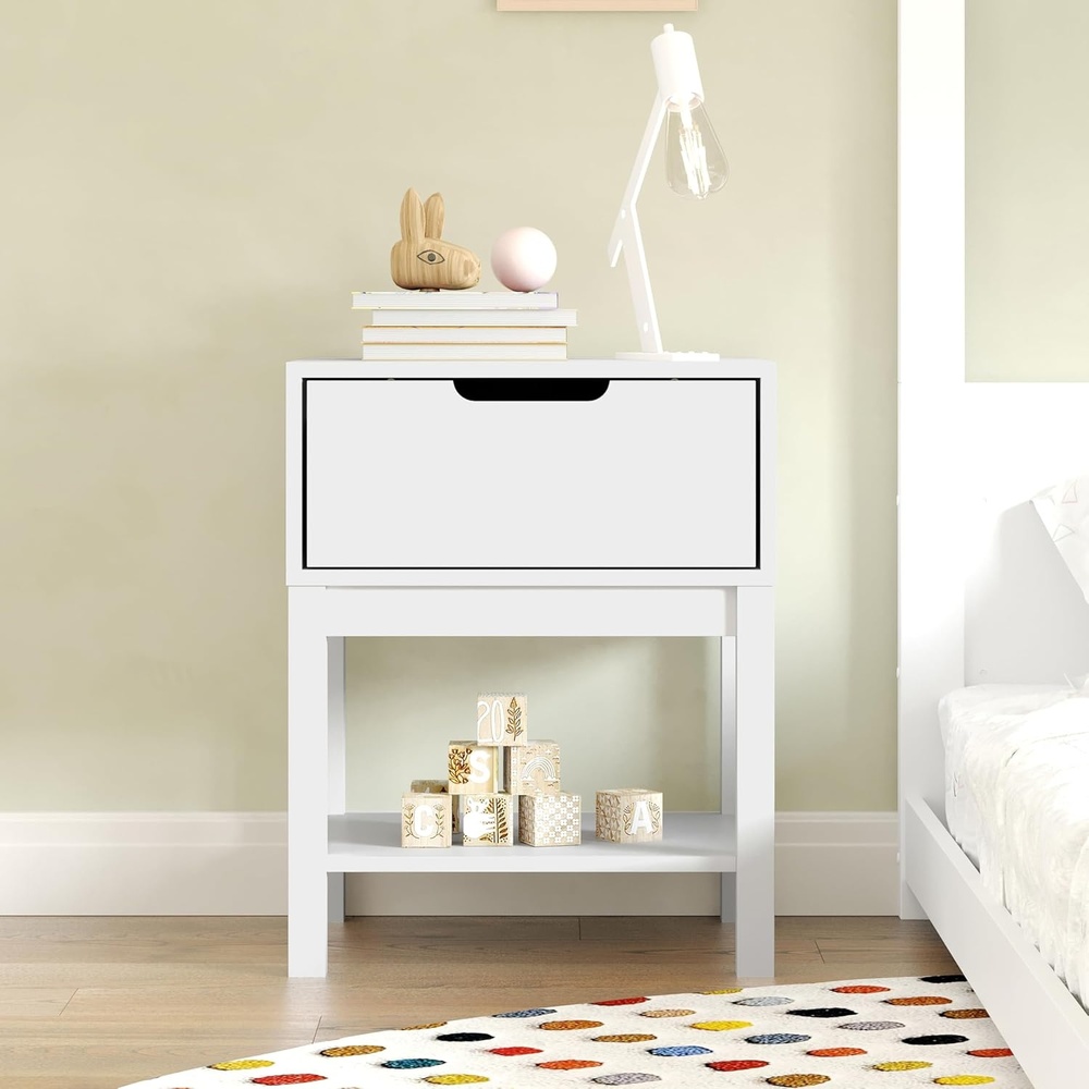 image:imageFlash Furniture Dallas Wood Nightstand Side Table Kids Bedroom End Table with Storage Drawer and Shelf Cutout Handle Smooth Ball Bearing Slides GrayWhite