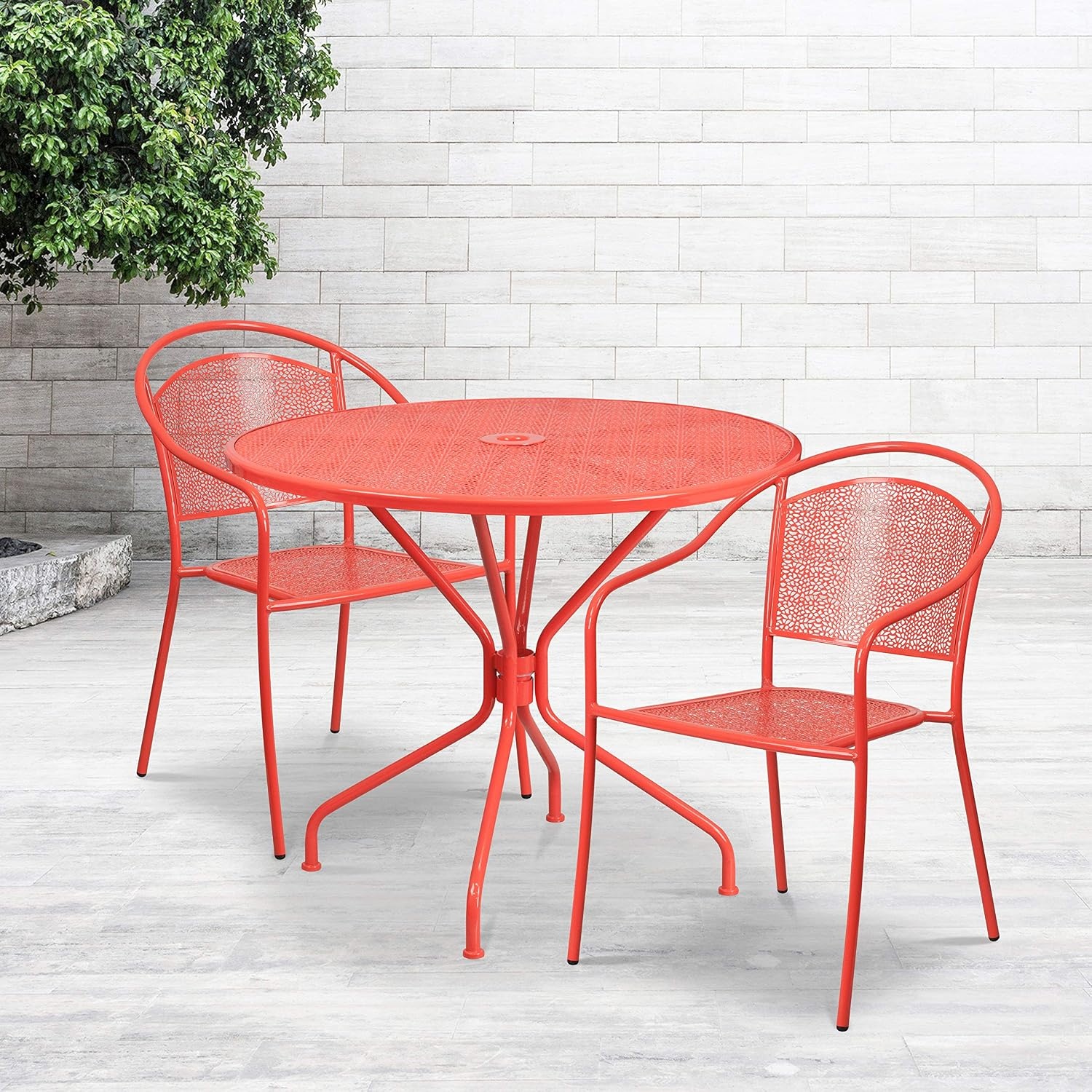 image:imageFlash Furniture Commercial Grade 3525 Round Gold IndoorOutdoor Steel Patio Table Set with 2 Round Back ChairsCoral