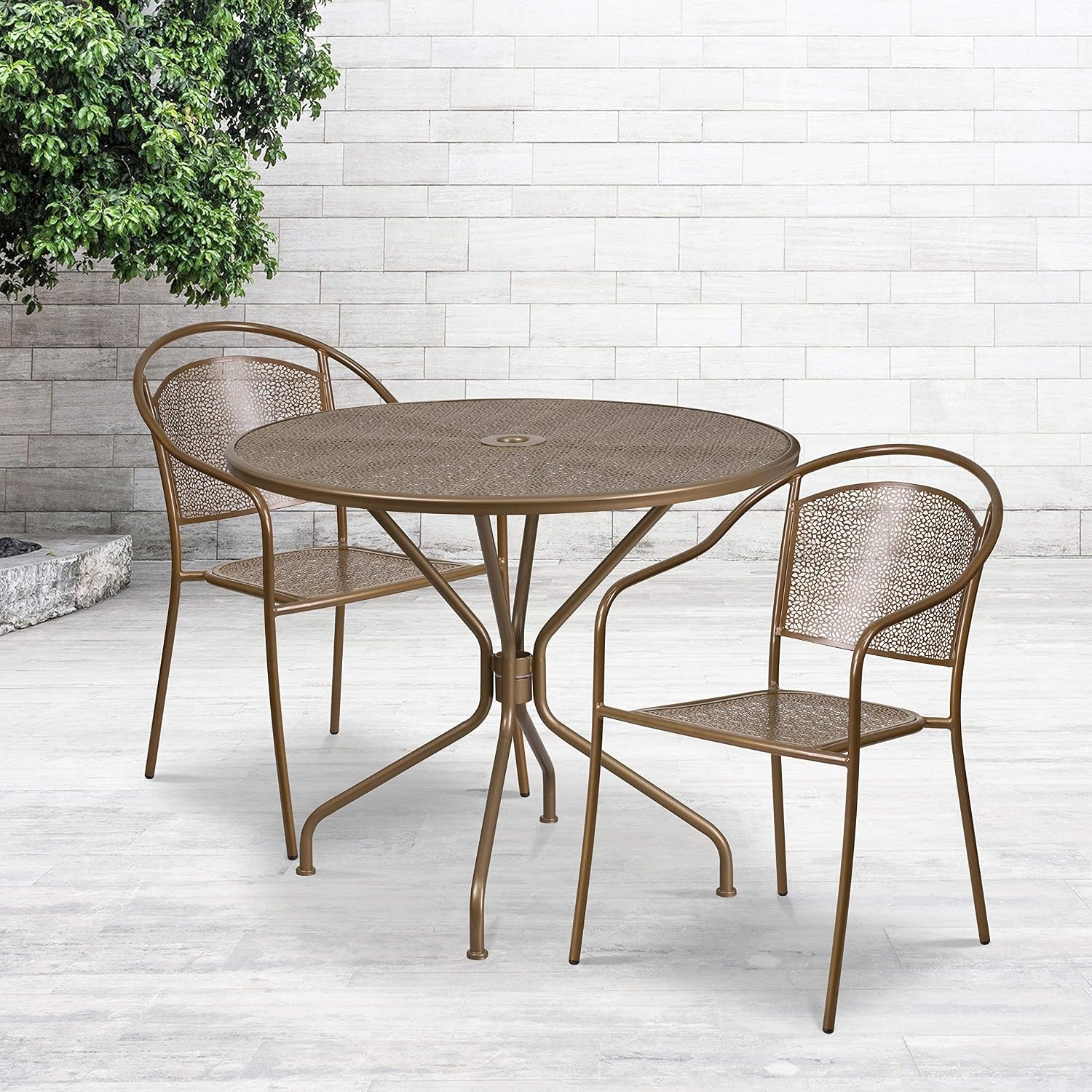 image:imageFlash Furniture Commercial Grade 3525 Round Gold IndoorOutdoor Steel Patio Table Set with 2 Round Back ChairsGold