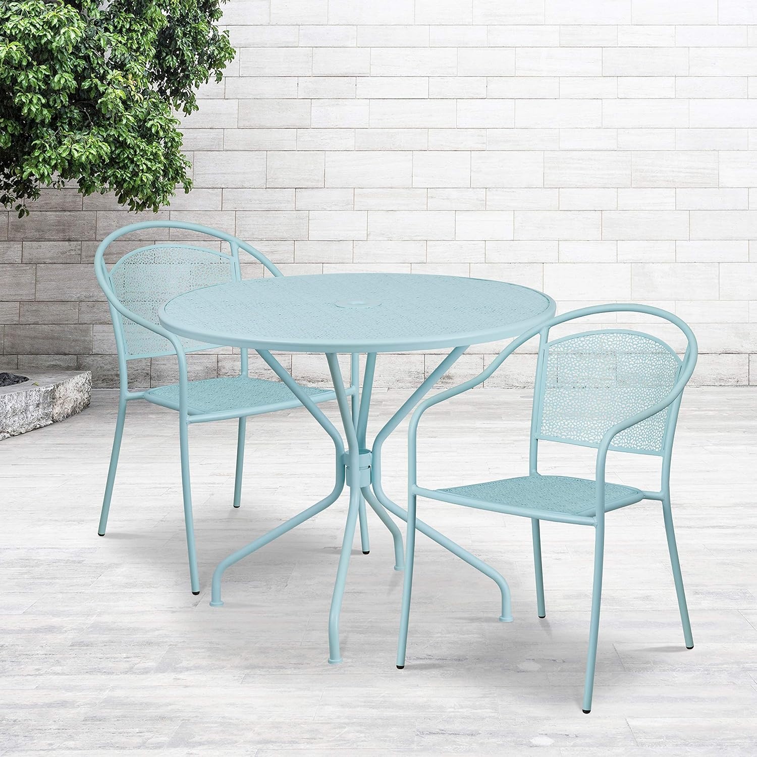 image:imageFlash Furniture Commercial Grade 3525 Round Gold IndoorOutdoor Steel Patio Table Set with 2 Round Back ChairsSky Blue