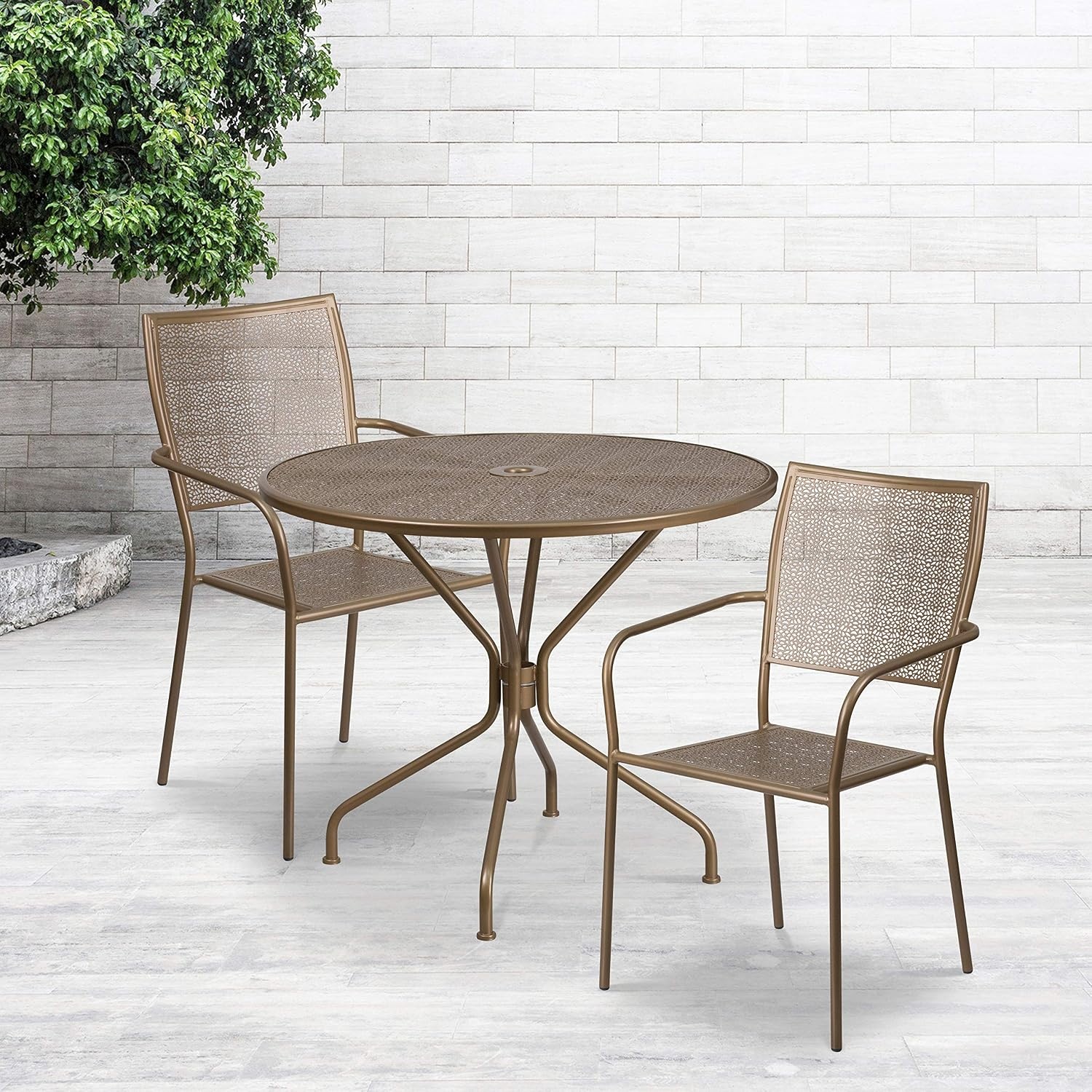 image:imageFlash Furniture Commercial Grade 3525 Round Sky Blue IndoorOutdoor Steel Patio Table Set with 2 Square Back ChairsGold