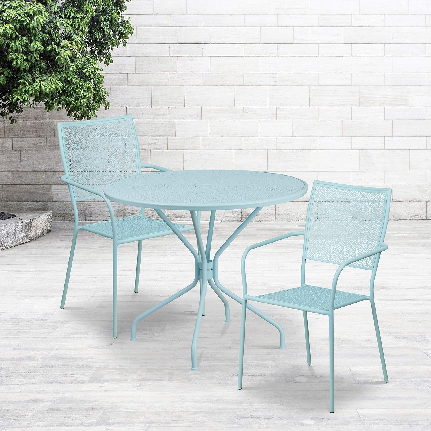 image:imageFlash Furniture Commercial Grade 3525 Round Sky Blue IndoorOutdoor Steel Patio Table Set with 2 Square Back ChairsSky Blue