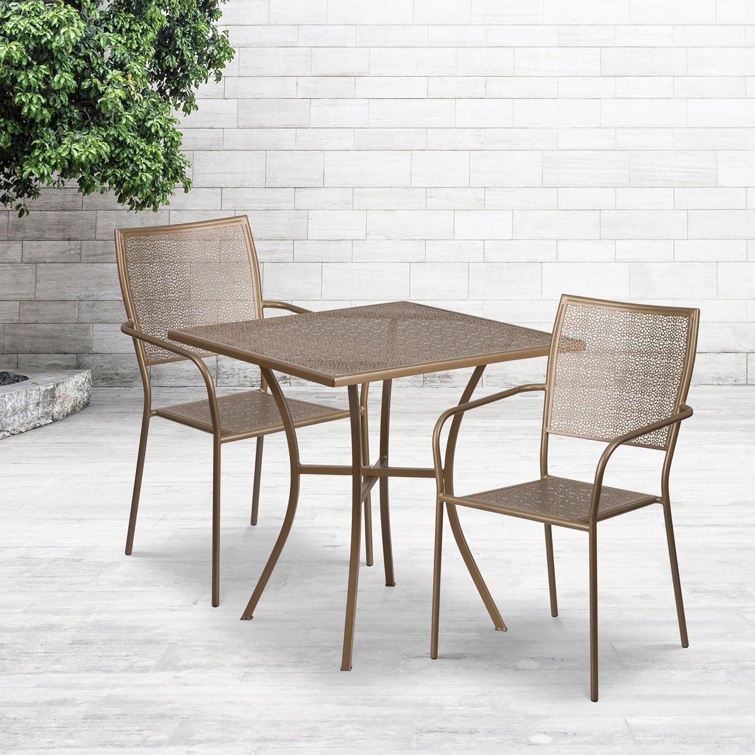 image:imageFlash Furniture Oia Commercial Grade 28 Square Gold IndoorOutdoor Steel Patio Table Set with 2 Square Back ChairsGold
