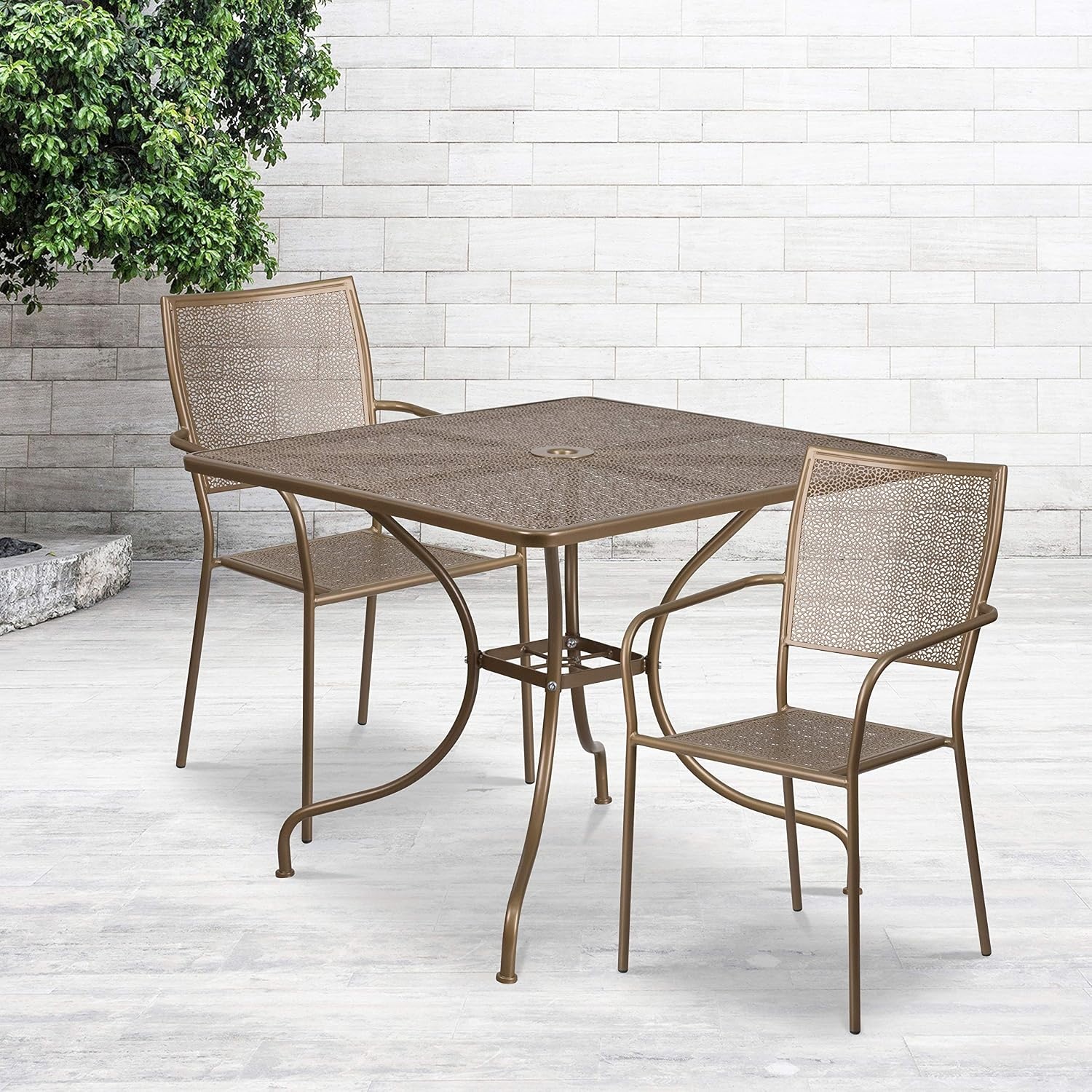 image:imageFlash Furniture Oia Commercial Grade 28 Square Gold IndoorOutdoor Steel Patio Table Set with 2 Square Back ChairsGold