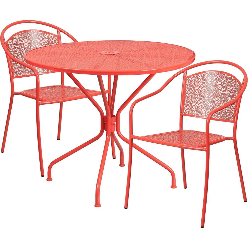 image:imageFlash Furniture Commercial Grade 3525 Round Gold IndoorOutdoor Steel Patio Table Set with 2 Round Back ChairsCoral