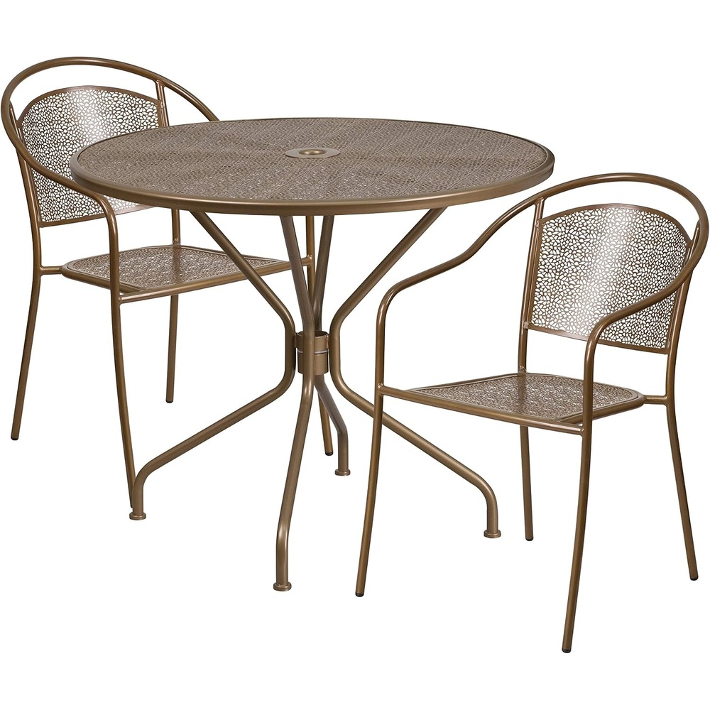image:imageFlash Furniture Commercial Grade 3525 Round Gold IndoorOutdoor Steel Patio Table Set with 2 Round Back ChairsGold