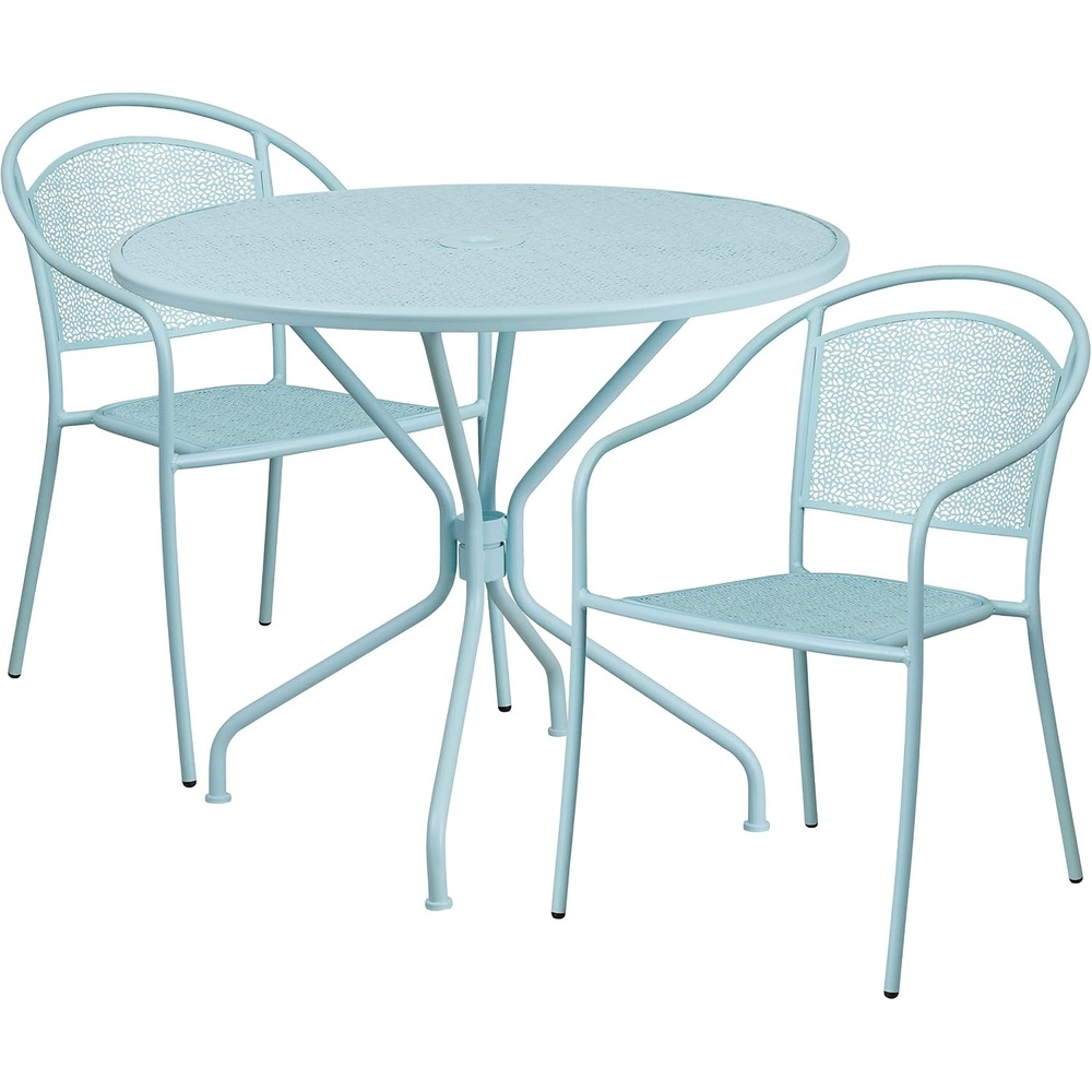image:imageFlash Furniture Commercial Grade 3525 Round Gold IndoorOutdoor Steel Patio Table Set with 2 Round Back ChairsSky Blue
