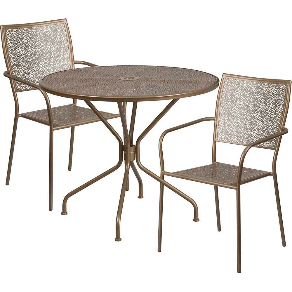 image:imageFlash Furniture Commercial Grade 3525 Round Sky Blue IndoorOutdoor Steel Patio Table Set with 2 Square Back ChairsGold