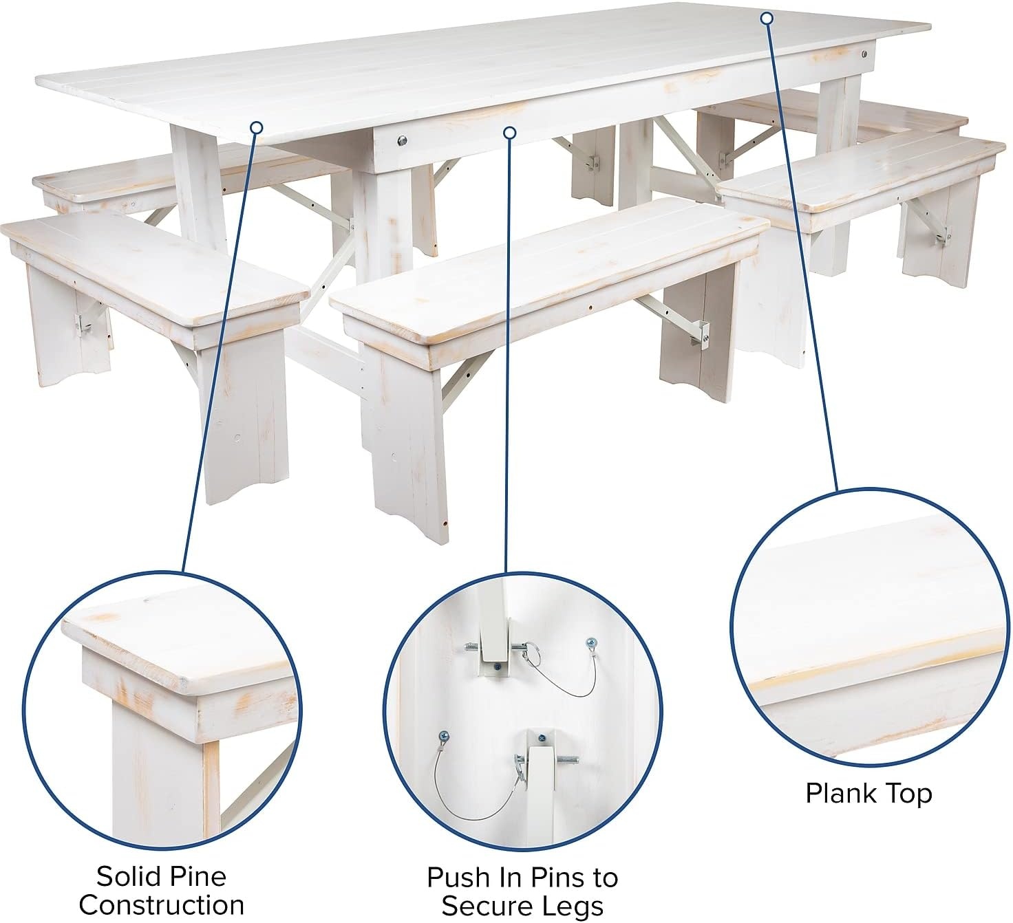image:imageFlash Furniture HERCULES Series 8 x 40 Antique Rustic White Folding Farm Table and Six Bench Set