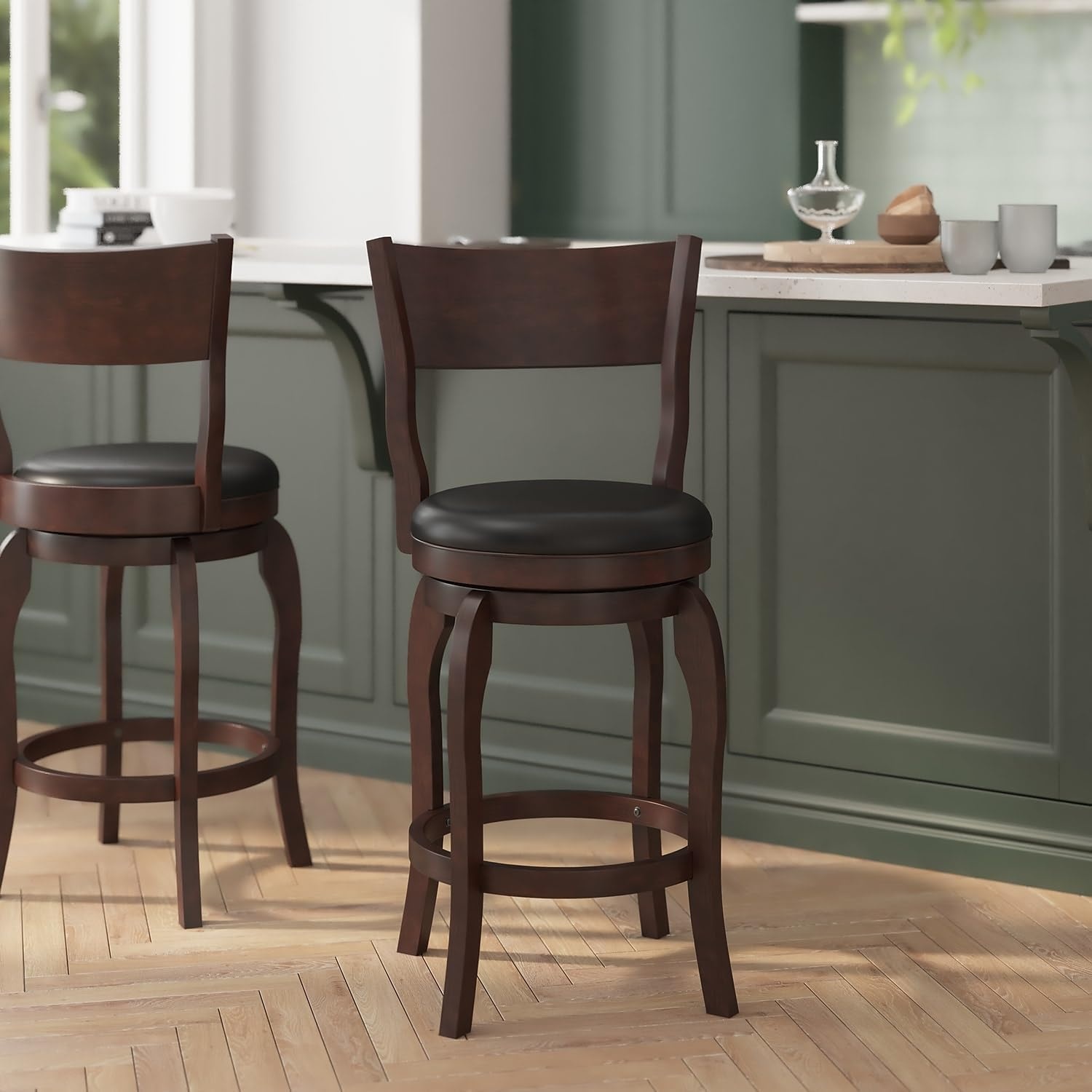 image:imageFlash Furniture Nichola Commercial Classic Open Back Barstool Espresso Finish Wood Frame Black LeatherSoft Seat Counter Height 360 Swivel Seat FootrestBlack VinylEspresso Frame