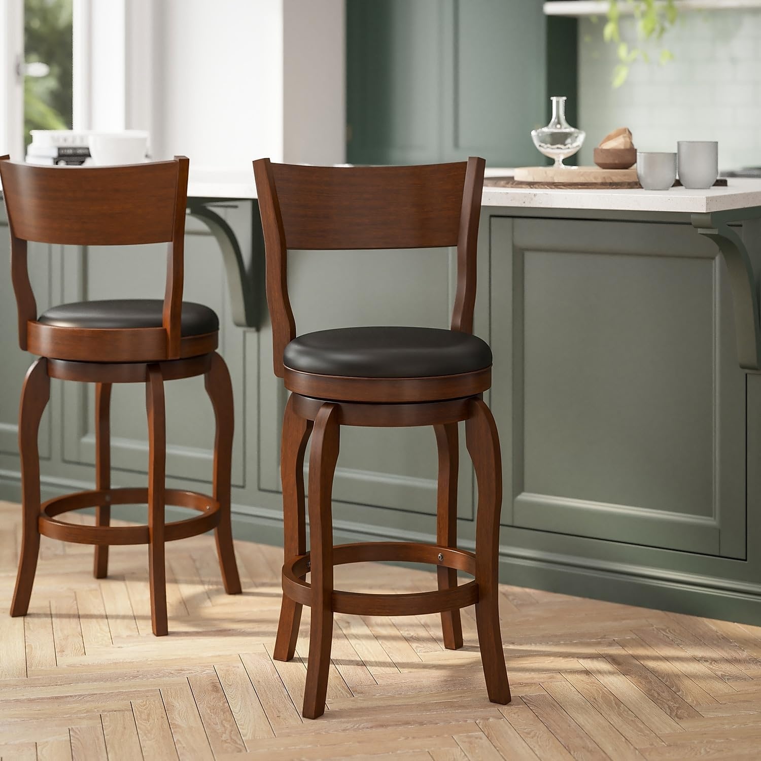 image:imageFlash Furniture Nichola Commercial Classic Open Back Barstool Espresso Finish Wood Frame Black LeatherSoft Seat Counter Height 360 Swivel Seat FootrestBlack VinylAntique Oak Frame