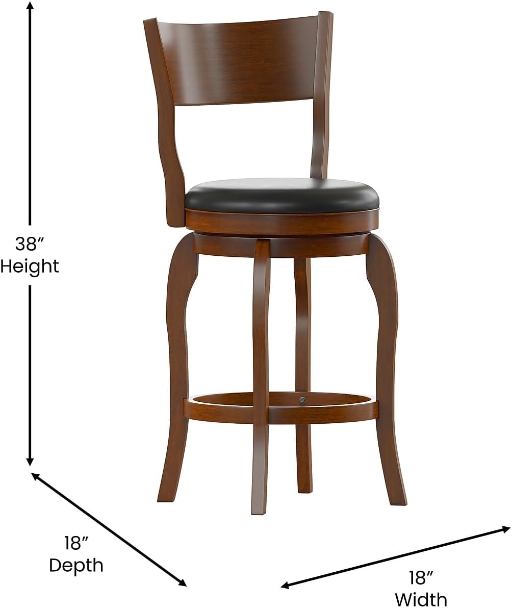 image:imageFlash Furniture Nichola Commercial Classic Open Back Barstool Espresso Finish Wood Frame Black LeatherSoft Seat Counter Height 360 Swivel Seat FootrestBlack VinylAntique Oak Frame