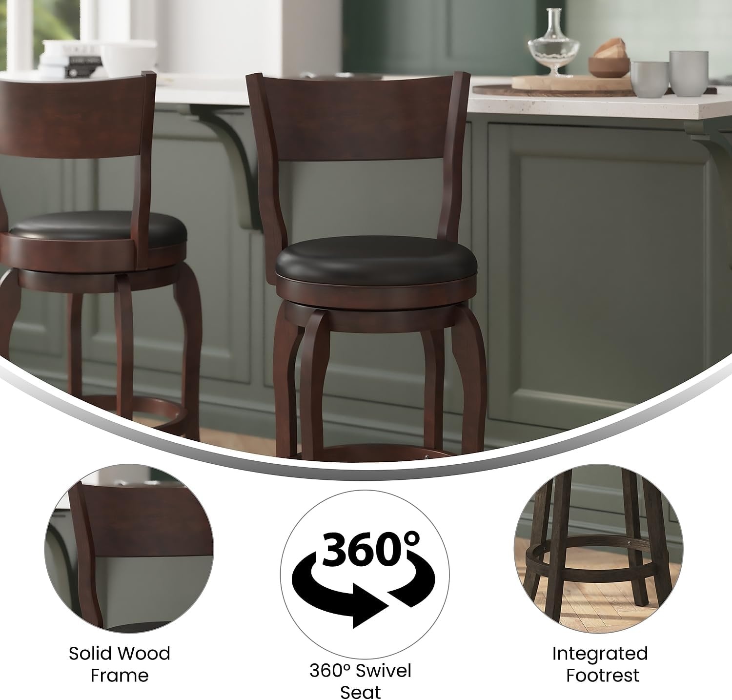 image:imageFlash Furniture Nichola Commercial Classic Open Back Barstool Espresso Finish Wood Frame Black LeatherSoft Seat Counter Height 360 Swivel Seat FootrestBlack VinylEspresso Frame