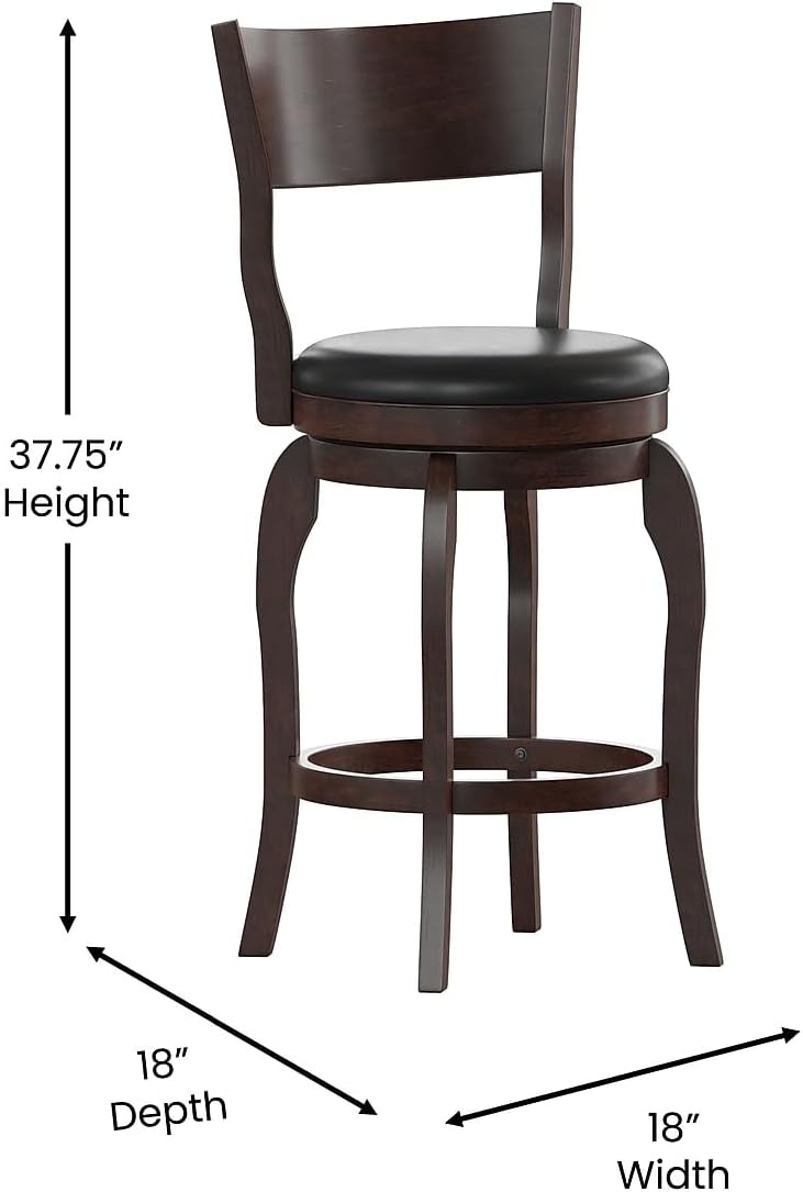 image:imageFlash Furniture Nichola Commercial Classic Open Back Barstool Espresso Finish Wood Frame Black LeatherSoft Seat Counter Height 360 Swivel Seat FootrestBlack VinylEspresso Frame