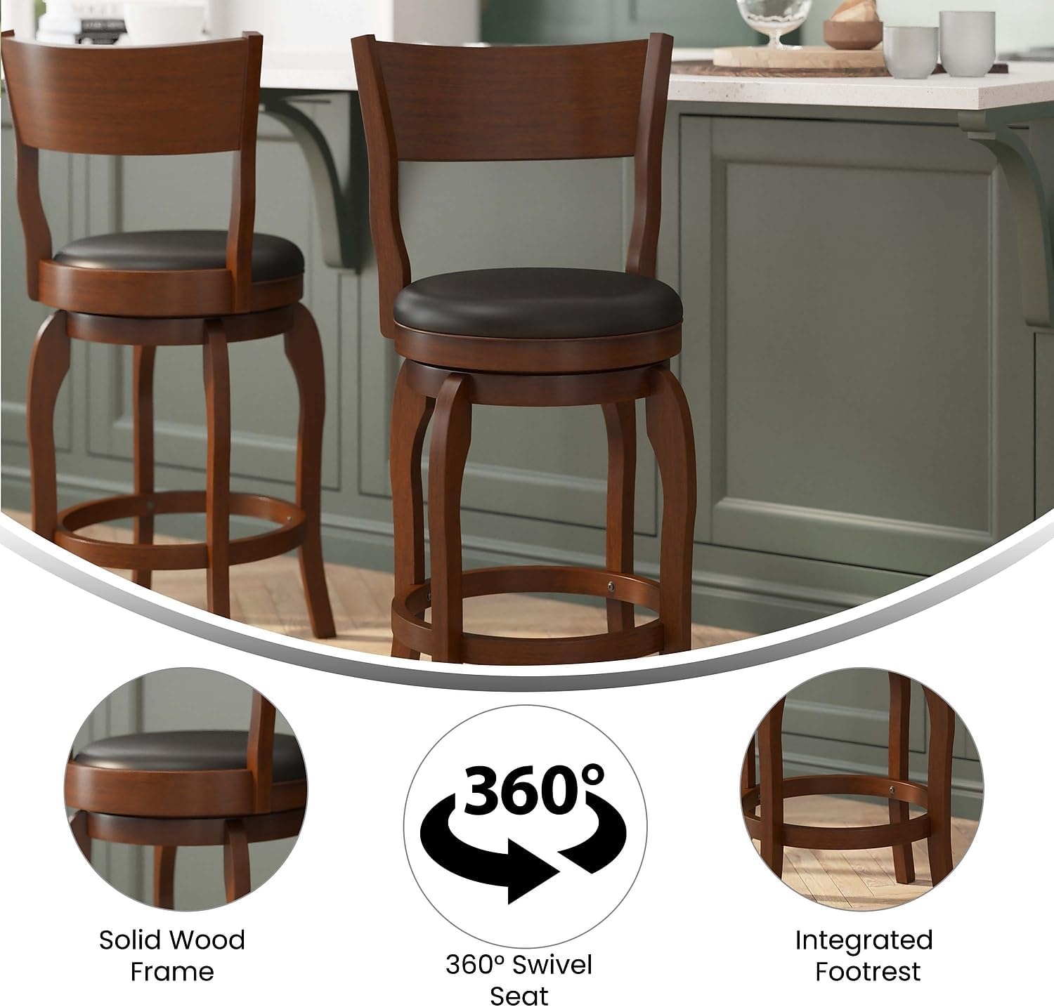 image:imageFlash Furniture Nichola Commercial Classic Open Back Barstool Espresso Finish Wood Frame Black LeatherSoft Seat Counter Height 360 Swivel Seat FootrestBlack VinylAntique Oak Frame