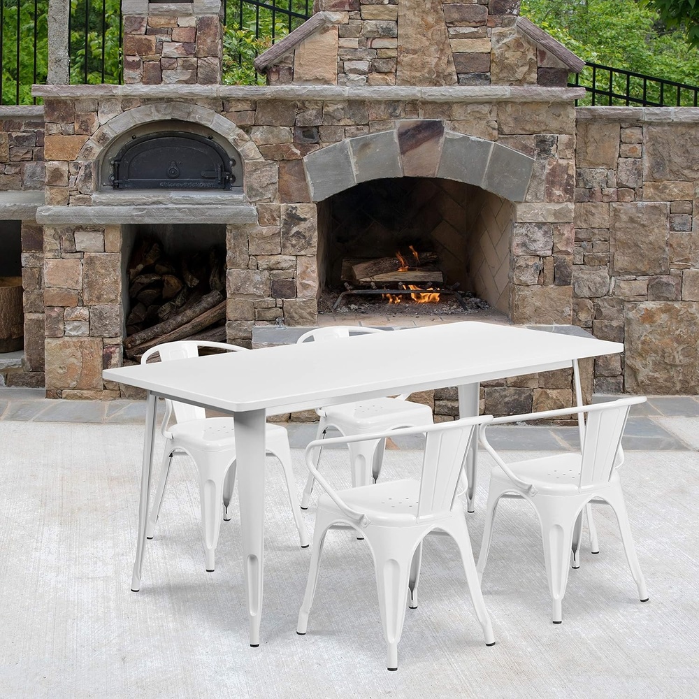 image:imageFlash Furniture Commercial Grade 315 x 63 Rectangular White Metal IndoorOutdoor Table Set with 4 Arm Chairs