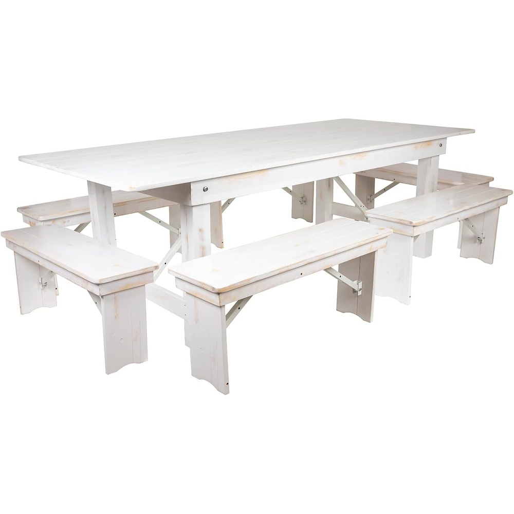 image:imageFlash Furniture HERCULES Series 8 x 40 Antique Rustic White Folding Farm Table and Six Bench Set