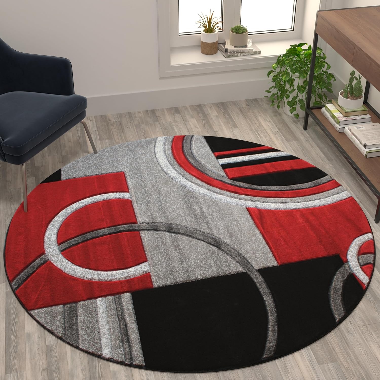 image:imageFlash Furniture Audra Collection Geometric Abstract Area Rug HighLow Pile Turquoise Olefin Rug 2 x 7 Area Rug Jute Backing Entryway Living Room BedroomRed
