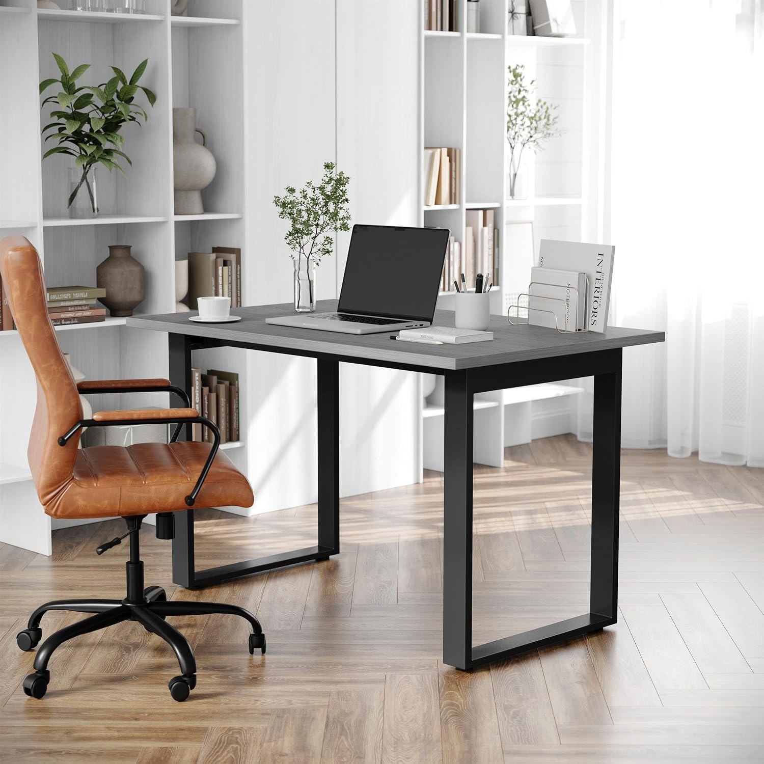 image:imageFlash Furniture Redmond Conference Table with UFrame Base Commercial Water and Scratch Resistant Laminate Finish PVC Edge Heavy Duty Steel Frame 48x30 WalnutGray Oak