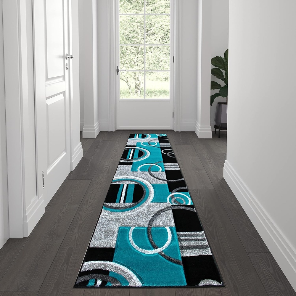 image:imageFlash Furniture Audra Collection Geometric Abstract Area Rug HighLow Pile Turquoise Olefin Rug 2 x 7 Area Rug Jute Backing Entryway Living Room BedroomTurquoise