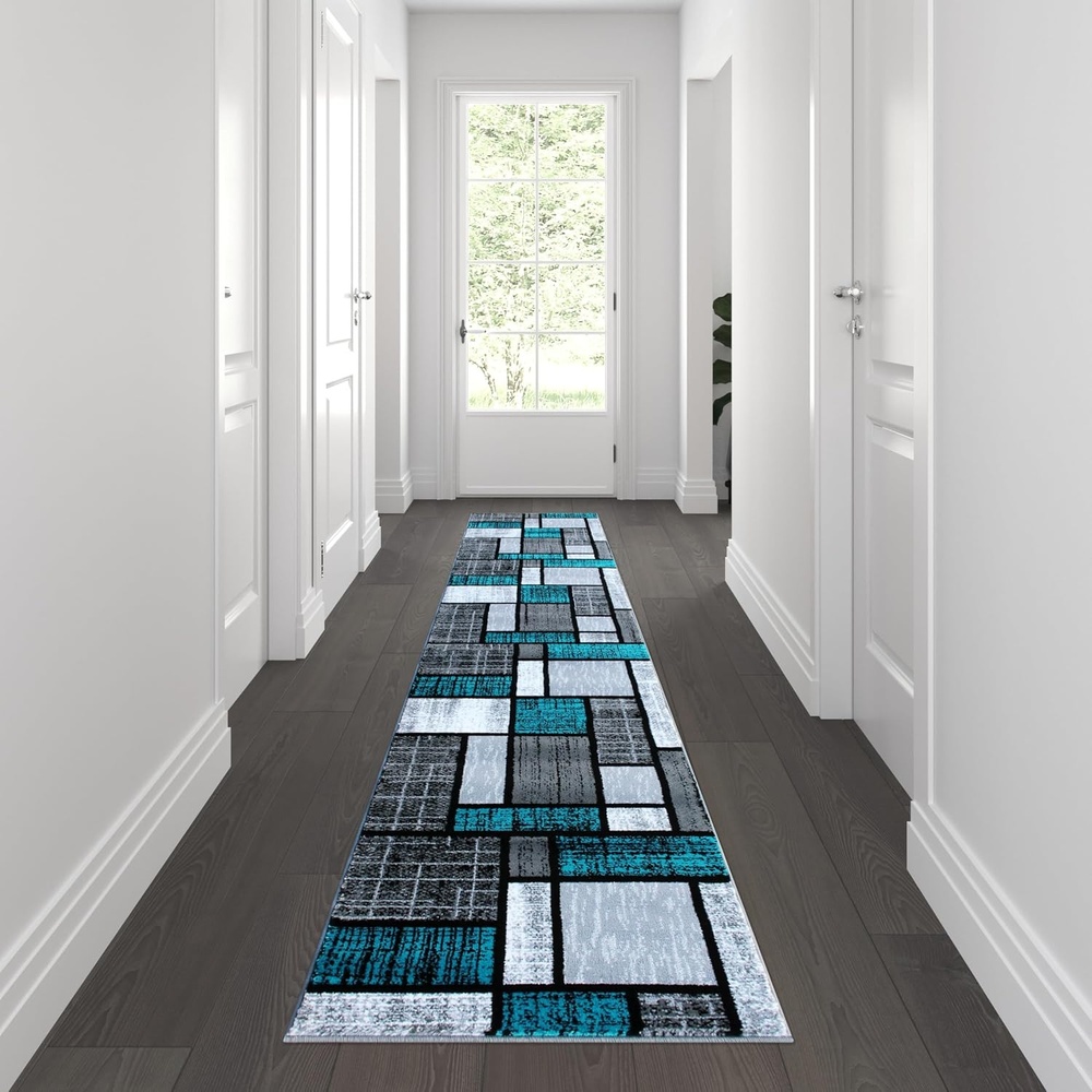 image:imageFlash Furniture Raven Collection Olefin Area Rug Turquoise Color Bricked Pattern 2 x 7 Jute Backing Entryway Living Room Bedroom25 x 11 Rectangular