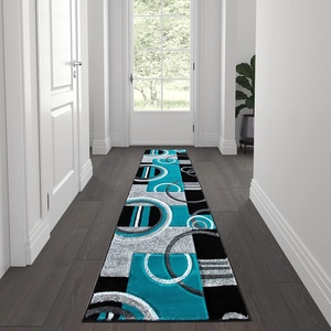 Flash Furniture Audra Collection Geometric Abstract Area Rug – High-Low Pile Turquoise Olefin Rug – 2′ x 7′ Area Rug – Jute Backing – Entryway, Living Room, Bedroom(Turquoise)